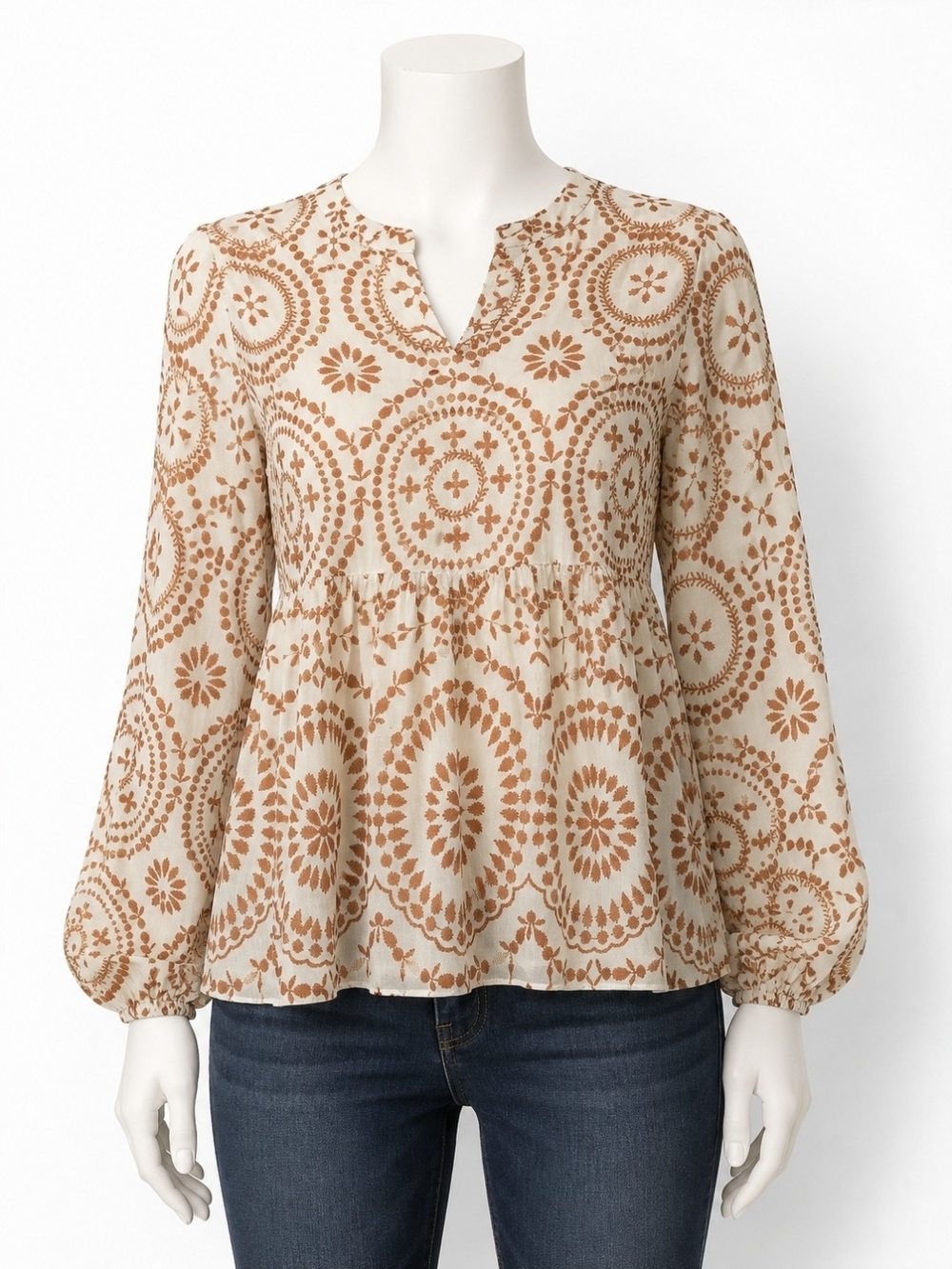 Boho Rust & Cream Medallion Print Long Sleeve Babydoll Blouse – Size Small